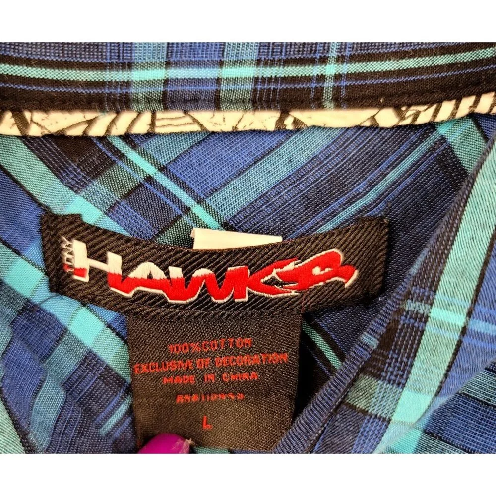 Tony Hawk Men's Checkered Button Up Shirt L Blue Casual Western Country Rodeo